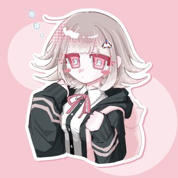 1girl blush blush_stickers breasts brown_hair collared_shirt commentary_request danganronpa_(series) danganronpa_2:_goodbye_despair dress_shirt flipped_hair hair_ornament hands_up hood jacket long_sleeves looking_at_viewer medium_hair naki6_4 nanami_chiaki neck_ribbon open_clothes open_jacket pink_eyes pink_ribbon ribbon shirt solo white_shirt