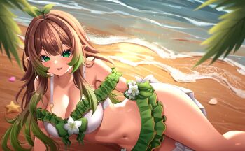 1girl beach biyo_yoo breasts brown_hair cleavage commentary english_commentary flower freckles gradient_hair green_eyes green_hair hair_ornament highres indie_virtual_youtuber leaf_hair_ornament long_hair multicolored_hair navel palm_leaf parted_lips pointy_ears second-party_source shell solo starfish stomach virtual_youtuber water whinypotato white_flower