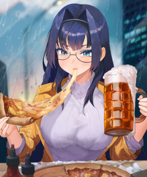 1girl absurdres alcohol aries991 beer beer_mug black_hair blue_eyes bottle breasts coat cup eating food glasses hair_intakes highres holding holding_cup holding_food holding_pizza hololive hololive_english large_breasts long_hair mug official_alternate_costume official_alternate_hairstyle ouro_kronii ouro_kronii_(casual) pizza pizza_slice ribbed_sweater solo sweater turtleneck turtleneck_sweater virtual_youtuber white_sweater window yellow_coat