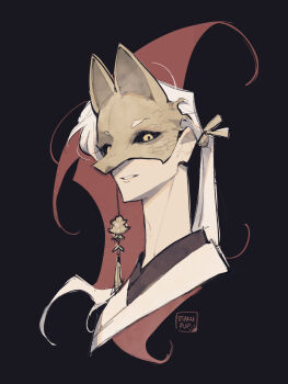 1boy artist_name black_background black_sclera colored_sclera cropped_torso earrings fox_mask fox_mask_(silent_hill) highres japanese_clothes jewelry long_hair looking_at_viewer male_focus mask motoyui otakupup parted_lips ponytail portrait robe silent_hill_(series) silent_hill_f single_earring solo tassel tassel_earrings upper_body white_hair white_robe yellow_eyes