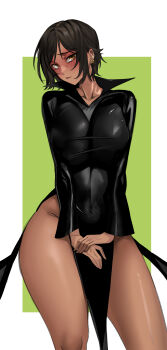 Rule 34 | 1girl, absurdres, black dress, blush, breasts, brown eyes, brown hair, commentary request, cosplay, covered navel, covering crotch, covering privates, dark-skinned female, dark skin, dress, earrings, highres, huge breasts, jewelry, korean commentary, limbus company, long sleeves, looking at viewer, naked dress, no panties, one-punch man, outis (project moon), pelvic curtain, project moon, rhlatm, short hair, side slit, simple background, solo, tatsumaki, tatsumaki (cosplay), taut clothes, taut dress, thighs