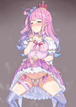 1girl absurdres arched_crown breasts clothes_lift condom crescent crescent_earrings crescent_necklace crown dress dress_lift earrings egg_vibrator gozaru green_eyes hair_rings heterochromia highres himemori_luna himemori_luna_(1st_costume) hololive jewelry lifting_own_clothes long_hair medium_breasts mini_crown mismatched_thighhighs necklace off_shoulder pearl_thong pink_dress pink_hair princess purple_eyes purple_thighhighs pussy_juice red_crown remote_control_vibrator sex_toy single_hair_ring solo spread_legs standing thigh_strap thighhighs used_condom vibrator vibrator_cord vibrator_in_thigh_strap virtual_youtuber