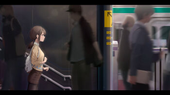 1girl 4others absurdres backpack bag black_border black_pantyhose blurry blurry_background border breasts brown_eyes brown_hair brown_shorts commentary_request cowboy_shot from_side fujinomiya_rio highres indoors letterboxed long_hair long_sleeves medium_breasts multiple_others original pantyhose pantyhose_under_shorts ponytail railing shorts stairs subway subway_station sweater white_bag yellow_sweater