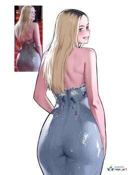 1girl absurdres ass blonde_hair commentary dress elle_fanning english_commentary from_behind green_eyes highres nisp_art photo-referenced real_life reference_inset smile solo strapless strapless_dress teeth twitter_username white_background white_dress