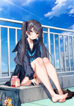 1girl bag barefoot black_hair black_sailor_collar black_serafuku black_shirt black_skirt blue_neckerchief blush drink_carton hashtag-only_commentary highres lens_flare loafers long_sleeves looking_at_viewer milk_carton neckerchief original outdoors parted_lips red_eyes rooftop sailor_collar school_bag school_uniform serafuku shirt shoes skirt solo strawberry_milk takanashi_kei_(hitsujikan) toenails twintails unworn_shoes