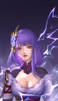 Rule 34 | 1girl, absurdres, armor, blunt bangs, breasts, cleavage, closed mouth, clothing cutout, commentary, dated commentary, electricity, fan hair ornament, genshin impact, glint, gradient hair, hair ornament, head tilt, highres, huge breasts, japanese clothes, kimono, large breasts, long hair, looking at viewer, mole, mole under eye, multicolored hair, neck ribbon, off shoulder, powering up, purple background, purple eyes, purple hair, purple kimono, raiden shogun, red lips, red ribbon, red sash, ribbon, sash, shade, shoulder armor, shoulder cutout, solo, standing, tam1205, thick lips, upper body