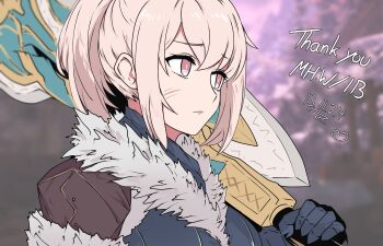 Rule 34 | 1girl, blurry, blurry background, closed mouth, commentary, dated, english commentary, fur collar, furrowed brow, grey hair, heart, holding, holding sword, holding weapon, looking ahead, monster hunter: world, monster hunter (character), monster hunter (series), ponytail, red eyes, scar, sidelocks, solo, sword, tavi (hosheezus), thank you, weapon