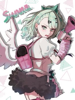 Rule 34 | 1girl, absurdres, arm warmers, bandaid, bandaid hair ornament, black skin, blush, character name, colored skin, commentary request, earrings, frilled sleeves, frills, from side, fur-trimmed skirt, fur trim, green eyes, green hair, hair ornament, heart, heart hair ornament, highres, holding, holding megaphone, jewelry, looking at viewer, megaphone, mirimiri21, multiple hair clips, musical note earrings, necktie, open mouth, pink arm warmers, pink bag, red necktie, shirt, skirt, solo, striped arm warmers, sunna (zenless zone zero), tears, white background, white shirt, white wings, winged bag, wings, zenless zone zero