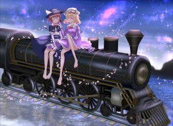 Rule 34 | 2girls, absurdres, barefoot, black capelet, black hat, black skirt, blonde hair, blush, bow, bowtie, brown hair, capelet, chinese commentary, closed eyes, collared shirt, commentary, contrast collar, dress, frilled dress, frilled shirt collar, frills, galaxy, hand rest, hat, hat bow, hat ribbon, highres, long sleeves, looking at another, maribel hearn, medium hair, multiple girls, on train, open mouth, petals, purple dress, purple eyes, railroad tracks, red bow, red bowtie, red ribbon, ribbon, shirt, shirt tucked in, sitting, skirt, sky, sleeve cuffs, star (sky), starry sky, touhou, train, usami renko, user rmkg3224, white bow, white hat, white shirt