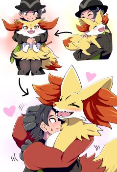 1boy 1girl animal_ear_fluff black_eyes black_hair black_hat blush braixen closed_eyes closed_mouth commentary_request delphox fangs fennekin fox furry furry_female gen_6_pokemon hat heart highres hug hug_from_behind mamiyama nintendo open_mouth paxton_(pokemon) pokemon pokemon_(creature) pokemon_legends:_z-a red_eyes smile teeth