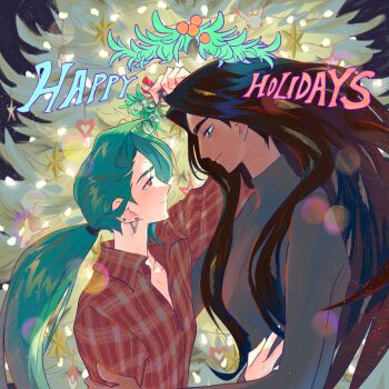 2girls alternate_costume arm_up black_shirt blue_eyes breasts bright_pupils brown_hair christmas christmas_tree closed_mouth collared_shirt commentary dark-skinned_female dark_skin ear_piercing earrings eye_contact flat_chest from_side geeta_(pokemon) green_hair hand_on_another's_arm hand_on_another's_stomach happy_holidays height_difference highres holding holding_mistletoe jewelry keyschumacher long_hair long_sleeves looking_at_another looking_up low_ponytail mistletoe multiple_girls nintendo partially_unbuttoned piercing plaid_clothes plaid_shirt pokemon pokemon_sv ponytail red_shirt rika_(pokemon) shirt short_hair sidelocks small_breasts smile symbol-only_commentary turtleneck upper_body very_long_hair white_pupils wing_collar yuri