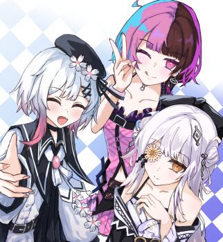 3girls beret circle_cut closed_eyes crossover flower_in_eye hair_ornament haishin_shoujo_no_uraaka_meikyuu hat highres hime_cut japanese_clothes kyoro18463 long_hair magical_girl mahou_shoujo_no_inshuu_mura mahou_shoujo_no_majo_saiban multicolored_hair multiple_girls open_mouth pink_eyes saike_liel sakuraba_ema school_uniform short_hair smile symbol_in_eye watanuki_sakuya_(manomura) white_hair yellow_eyes