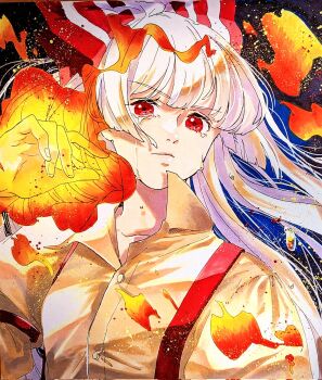 Rule 34 | 1girl, bow, brown shirt, buttons, collarbone, collared shirt, commentary request, crying, crying with eyes open, fiery background, fingernails, fire, fujiwara no mokou, hair bow, hand up, highres, lips, long hair, mokoiscat, pyrokinesis, red bow, red eyes, red suspenders, shirt, solo, teardrop, tears, touhou, traditional media, upper body, white hair
