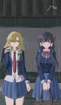 2girls absurdres alternate_costume bag black_hair blonde_hair blue_jacket blue_skirt blush bow bowtie braid collared_shirt commentary_request green_bow hair_bow hair_tubes hakurei_reimu highres holding holding_bag jacket kirisame_marisa long_hair long_sleeves mito_(fate) multiple_girls necktie open_clothes open_jacket pleated_skirt rain red_bow red_bowtie red_eyes red_necktie school_uniform shirt side_braid signature single_braid skirt touhou white_shirt