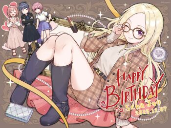 4girls adjusting_eyewear amaya_tsubame arimura_mao bespectacled black_boots blonde_hair blush boots brown_jacket brown_shorts character_name closed_mouth commentary_request cosmetics dated gakuen_idolmaster glasses hand_on_eyewear happy_birthday highres himesaki_rinami idolmaster jacket juo_sena knee_boots ktrtpem lipstick_tube long_hair long_sleeves looking_at_viewer multiple_girls one_eye_closed plaid_clothes plaid_jacket plaid_shorts purple_eyes round_eyewear shorts smile sweater turtleneck turtleneck_sweater twitter_username white_sweater yellow-framed_eyewear