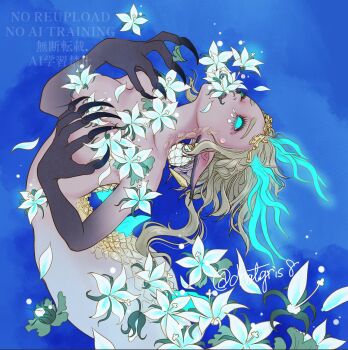 animal_ears aqua_eyes arched_back blonde_hair blue_background blue_flower braid breasts chatgris8 circlet claws cowboy_shot crown_braid dragon_ears dragon_girl dragon_horns earrings flower flower_censor flower_in_mouth highres horns jewelry light_dragon_(zelda) medium_breasts nintendo pointy_ears princess_zelda scales short_hair sidelocks silent_princess teardrop_facial_mark tears the_legend_of_zelda the_legend_of_zelda:_tears_of_the_kingdom transformation twitter_username