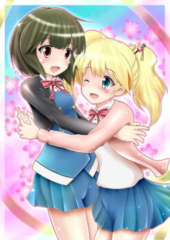 Rule 34 | 1girl, 2girls, :d, alice cartelet, black jacket, blonde hair, blue eyes, blunt bangs, blush, bow, bowtie, brown eyes, dessert, drink, food, glass, green hair, hair between eyes, hair ornament, hand grab, jacket, kin-iro mosaic, looking at viewer, miniskirt, multiple girls, oomiya shinobu, open mouth, pink jacket, plaid clothes, plaid skirt, red bow, school uniform, shirt, short hair, short sleeves, sitting, skirt, smile, sweater vest, table, thighhighs, twintails, white shirt, white thighhighs, zettai ryouiki