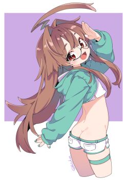 1girl ahoge ass brown_hair butt_crack crop_top fang glasses huge_ahoge kantai_collection kuma_(kancolle) loli long_hair looking_at_viewer micro_shorts nassukun open_mouth red_eyes shorts skindentation smile solo thigh_strap