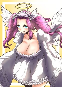 1girl blue_eyes blush breasts cleavage commentary_request cowboy_shot dress drill_hair fake_halo feathered_wings frilled_dress frills halo highres juliet_sleeves large_breasts leaning_forward long_hair long_sleeves looking_afar monyomoke open_mouth pink_hair puffy_sleeves shikoku_metan solo twin_drills utau voicevox white_dress white_wings wings yellow_background yellow_halo