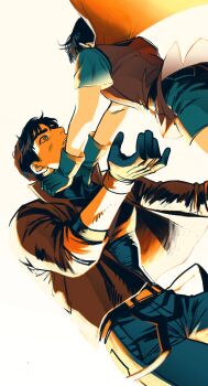 absurdres bat_signal batman_(series) batman_symbol black_bodysuit black_gloves black_hair blue_eyes bodysuit brown_jacket cape dc_comics dual_persona gloves grey_bodysuit highres jacket jason_todd male_focus multicolored_bodysuit multiple_boys muscular muscular_male mw_house open_clothes pants red_hood_(dc) red_hood_and_the_outlaws robin_(dc) short_hair superhero_costume taut_bodysuit two-tone_bodysuit yellow_cape