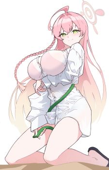 1girl absurdres ahoge arm_under_breasts between_thighs bikini bikini_under_clothes black_shoes blue_archive blush bow braid breasts closed_mouth collared_shirt commentary green_eyes hair_between_eyes hair_bow hair_intakes halo hanako_(blue_archive) hanako_(swimsuit)_(blue_archive) highres holding holding_hose hose jiho_(un3337) kneeling large_breasts long_hair long_sleeves pink_bikini pink_hair pink_halo sand see-through_clothes see-through_shirt shirt shoes simple_background smile solo swimsuit thighs white_background white_bow white_shirt