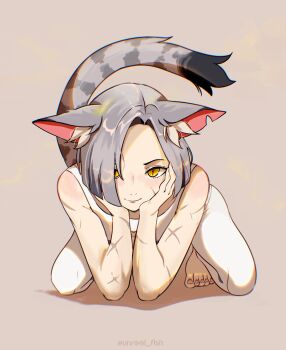 1girl absurdres animal_ear_fluff animal_ears blush cat_ears cat_girl cat_tail commentary english_commentary facial_scar go!_go!_gris! grey_hair highres inktober medium_hair scar scar_on_arm scar_on_cheek scar_on_face scars_all_over silvana_(go!_go!_gris!) simple_background smile solo tail tank_top too_many twitter_username unreal_fish white_tank_top yellow_eyes