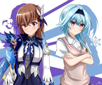 2girls blue_hair breasts brown_hair cosplay costume_switch crossed_arms crossover eula_(genshin_impact) eula_(genshin_impact)_(cosplay) genshin_impact looking_at_viewer misaka_mikoto multiple_girls necktie non-web_source satou_rina school_uniform shadow smile toaru_kagaku_no_railgun toaru_majutsu_no_index tokiwadai_school_uniform voice_actor_connection