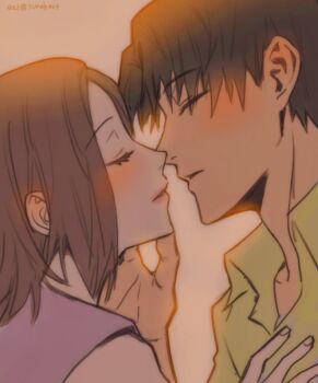 Rule 34 | 1boy, 1girl, blush, brown hair, close-up, closed eyes, collared shirt, commentary request, fruits basket, incoming kiss, korean commentary, medium hair, profile, shirt, short hair, sleeveless, sohma hatori, souma kana (fruits basket), sun ah, twitter username, yellow shirt
