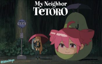 3girls absurdres ahoge akita_neru aqua_eyes bare_shoulders black_boots black_skirt black_sleeves blonde_hair boots carrying detached_sleeves drill_hair frown hatsune_miku highres kasane_teto long_hair multiple_girls parody pearto piggyback pleated_skirt rain seeuchiyo shoulder_tattoo side_ponytail skirt smile sweat tattoo tonari_no_totoro twin_drills twitter_username umbrella