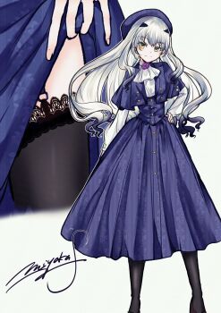 1girl black_pantyhose black_thighhighs blue_dress clothes_lift commentary_request dress dress_lift fate/grand_order fate_(series) garter_straps gradient_hair grey_hair hat highres lace lace_thighhighs lifting_own_clothes loafers long_hair looking_at_viewer melusine_(fate) miyaka_(58305841) multicolored_hair multiple_views pantyhose shoes smile thighhighs yellow_eyes