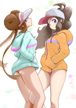 2girls aqua_hoodie ass baseball_cap blue_eyes breasts brown_hair commentary_request donut_hair_bun double_bun drawstring hair_bun hands_in_pockets hat high_ponytail highres hilda_(pokemon) hood hoodie long_hair long_hoodie looking_at_viewer microsd_(pibo) multiple_girls nintendo orange_hoodie pokemon pokemon_black_2_and_white_2 pokemon_black_and_white ponytail rosa_(pokemon) simple_background thighs twintails very_long_hair visor_cap white_background