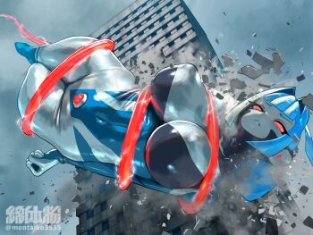 Rule 34 | 1girl, altina earth, blue hair, breasts, building, city, clenched hands, commentary request, energy drain, from below, giant, giantess, kaiju, nikunopengin, original, rubble, skyscraper, twitter username, ultra series