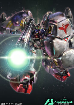 artist_request bandai beam_cannon copyright_notice damaged debris dirty earth_federation energy firing glowing gundam gundam_0083 gundam_arsenal_base gundam_gp-02_physalis logo machinery mecha mecha_focus mobile_suit nebula no_humans realistic robot science_fiction shield space star_(sky) title v-fin zero_gravity
