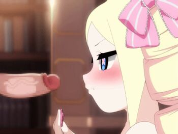 1boy 1girl animated animated_gif bbaltong beatrice_(re:zero) blonde_hair blue_eyes blush butterfly-shaped_pupils censored closed_eyes completely_nude condom condom_in_mouth condom_on_penis drill_hair erection fellatio from_side hair_ribbon loli long_hair looking_at_another mosaic_censoring mouth_hold nude oral penis re:zero_kara_hajimeru_isekai_seikatsu ribbon saliva symbol-shaped_pupils twin_drills upper_body