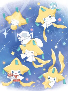 Rule 34 | alolan form, alolan vulpix, apron, blue eyes, closed mouth, commentary request, cup, floating, gen 3 pokemon, gen 7 pokemon, highres, jirachi, kana (maple926), legendary pokemon, minior, minior (blue core), minior (core), mug, mythical pokemon, nintendo, no humans, one eye closed, open mouth, plate, pokemon, pokemon (creature), pokemon cafe remix, pokemon focus, smile, star (sky), twitter username