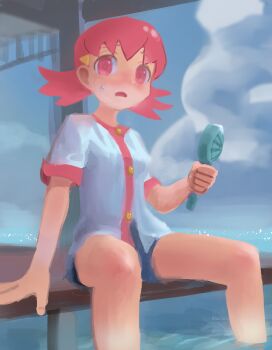 1girl arm_support blue_shorts braindead_(html6) buttons cloud commentary_request day hair_ornament hairclip handheld_electric_fan highres jacket nintendo open_mouth pier pink_eyes pink_hair pokemon pokemon_hgss short_sleeves shorts sitting sky soaking_feet solo sweat water white_jacket whitney_(pokemon)