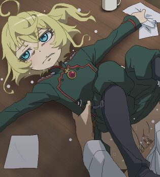 10s 1boy 1girl ahoge aliasing angry annoyed blonde_hair blue_eyes blush boots censored clothed_sex clothes_pull cup emotionless_sex flat_chest hair_between_eyes hetero loli long_sleeves lying m_legs military military_uniform missionary mosaic_censoring mug oekaki on_back on_table outstretched_arms pants pants_pull penis pussy pussy_juice sex short_hair solo_focus spread_legs sweat table tanya_degurechaff tomu_(tomubobu) vaginal youjo_senki