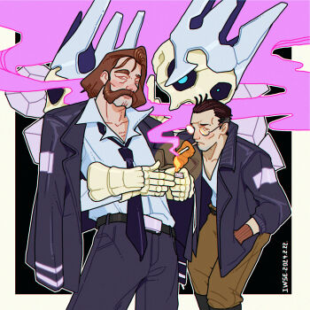 2boys artist_name belt black_background black_boots black_jacket black_necktie black_pants black_sclera blue_eyes boots border brown_eyes brown_hair brown_pants chromatic_aberration cigarette closed_mouth collarbone collared_shirt colored_sclera colored_smoke cowboy_shot crown dated disco_elysium facial_hair fire gauntlets glasses gloves grey_crown grey_shirt hand_in_pocket harry_du_bois highres holding holding_cigarette iwse_zhang jacket jacket_on_shoulders kim_kitsuragi knee_boots lighting_cigarette long_sleeves male_focus multiple_boys mustache mutton_chops necktie open_clothes open_jacket orange_gloves outline outside_border pants round_eyewear shirt shirt_tucked_in short_hair signature skull smoke smoking standing v-neck volition_(disco_elysium) white_border white_gloves white_outline