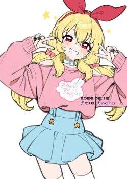 Rule 34 | 1girl, aikatsu!, aikatsu! (series), alternate hairstyle, artist name, belt collar, black nails, blonde hair, blue choker, blue skirt, bow, bow hairband, choker, collar, commentary, contrapposto, cowboy shot, dated, dot nose, double v, english text, grin, hair between eyes, hairband, hands up, happy, highres, hoshimiya ichigo, itinana, legs apart, light blush, long hair, long sleeves, low twintails, miniskirt, pink shirt, print shirt, red bow, red eyes, red hairband, shirt, shirt tucked in, simple background, skindentation, skirt, smile, solo, standing, star (symbol), straight-on, straight hair, thighhighs, twintails, twitter username, v, white background, white thighhighs, zettai ryouiki
