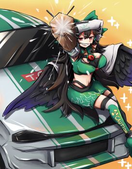 1girl abuo_(abuosann) alternate_costume arm_cannon bird_wings black_hair black_wings bow breasts cape car commentary_request commission feathered_wings green_bow green_skirt green_thighhighs grin hair_bow incoming_attack large_breasts long_hair looking_at_viewer midriff motor_vehicle race_queen race_vehicle racecar red_eyes reiuji_utsuho sign sitting skeb_commission skirt smile smirk solo thighhighs third_eye third_eye_on_chest touhou warning_sign weapon white_cape wings