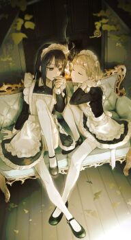 Rule 34 | 2girls, alt (apou), apron, arm support, back bow, black dress, black hair, black shoes, blonde hair, bow, braid, cigarette, cigarette kiss, closed eyes, collared dress, commentary request, contrast collar, couch, door, double-parted bangs, dress, ear piercing, facing another, frilled dress, frills, full body, grey eyes, hand up, highres, indoors, knee up, long hair, long sleeves, looking at another, maid, maid apron, maid headdress, mary janes, mole, mole under eye, multiple girls, on couch, original, piercing, shoes, short hair, side braid, sitting, smoke, smoking, straight hair, swept bangs, thighhighs, white apron, white bow, white headdress, white thighhighs, wrist cuffs, yuri