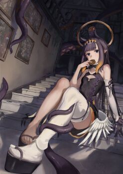 1girl :3 =_= absurdres arm_support black_dress black_gloves blue_eyes bluehead_white_dragon breasts cecilia_immergreen ceres_fauna chocolate_chip_cookie clothing_cutout commentary cookie cutout_above_navel detached_sleeves diamond_hairband dress eating elizabeth_rose_bloodflame feathered_wings feet flip-flops food foreshortening fur-trimmed_collar fur_trim gigi_murin gloves gradient_hair hakos_baelz halo highres hololive hololive_english indoors koseki_bijou long_hair looking_at_viewer low_wings mole mole_under_eye multicolored_hair nanashi_mumei nerissa_ravencroft ninomae_ina&#039;nis ninomae_ina&#039;nis_(1st_costume) okobo orange_hair ouro_kronii photo_(object) picture_frame platform_clogs platform_sandals pointy_ears purple_hair raora_panthera sandals sidelocks single_detached_sleeve single_glove single_thighhigh sitting small_breasts solo stairs strapless strapless_dress takodachi_(ninomae_ina&#039;nis) tentacle_hair tentacles thighhighs toes traditional_halo two-tone_hair very_long_hair virtual_youtuber white_sleeves white_thighhighs white_wings wings yellow_halo