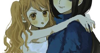 Rule 34 | 2girls, aknotn3, blue sweater, blush, carrying, carrying person, dress, multiple girls, nami (one piece), nico robin, one piece, one piece film: z, orange eyes, orange hair, sidelocks, simple background, smile, sweater, swept bangs, tongue, tongue out, turtleneck, twintails, white background, white dress