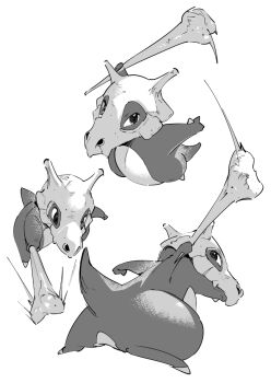 atie1225 attack bone club_(weapon) commentary commentary_request cubone gen_1_pokemon greyscale holding holding_bone looking_at_viewer looking_back monochrome multiple_views nintendo no_humans pokemon simple_background skull tail weapon white_background