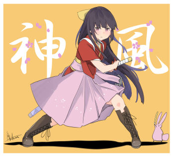 Rule 34 | 1girl, absurdres, boots, brown boots, flower symbol, full body, gradient hair, hakama, hakama skirt, highres, inica, japanese clothes, japanese text, kamikaze (kancolle), kantai collection, katana, kimono, lace-up boots, long hair, meiji schoolgirl uniform, multicolored hair, pink hakama, purple hair, rabbit, signature, skirt, solo, sword, tasuki, very long hair, weapon, white background, yellow background