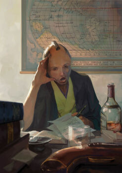 Rule 34 | 1boy, alcohol, anachronism, antique firearm, bad id, bad pixiv id, black hair, book, bottle, candle, cup, desk, plate, drinking glass, envelope, facial hair, gun, firelock, flintlock, nib pen (object), grey eyes, gun, hand on head, handgun, ishidah, japanese clothes, kimono, label, lips, map, mustache, open book, open mouth, original, paper, paperwork, pen, pistol, sitting, traditional clothes, translation request, wall, wall map, wax seal, weapon, world map