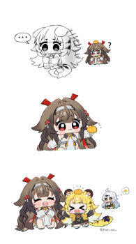 >_< ... 3girls :3 ? ahoge animal_ear_fluff animal_ears asymmetrical_gloves bare_shoulders black_gloves black_unitard blush bow brown_hair chibi chibi_only china_dress chinese_clothes closed_eyes closed_mouth clover clover_hair_ornament colored_inner_hair commentary dress droopy_ears elbow_gloves food food_on_head fruit fruit_on_head gloves hair_ornament hairband hairpin highres holding holding_food holding_fruit hue_oo jacket ju_fufu long_hair mandarin_orange multicolored_hair multiple_girls object_on_head open_mouth orange_eyes pelvic_curtain red_eyes simple_background single_elbow_glove speech_bubble spoken_ellipsis spoken_food striped_fur striped_hair symbol-only_commentary tail tail_bow tail_ornament teeth thought_bubble tiger_ears tiger_girl tiger_stripes tiger_tail twitter_username uneven_gloves upper_teeth_only very_long_hair white_background white_dress white_hair white_hairband ye_shunguang yellow_jacket yixuan_(zenless_zone_zero) zenless_zone_zero