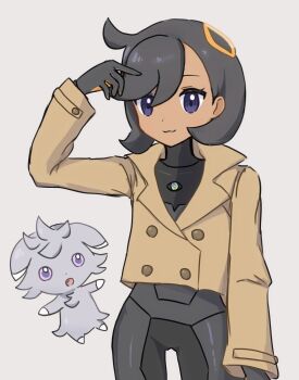 Rule 34 | 1girl, absurdres, black hair, blue eyes, bodysuit, bodysuit under clothes, brown jacket, candy (msyy3885), closed mouth, collared jacket, commentary request, emma (pokemon), espurr, gen 6 pokemon, gloves, grey background, hair between eyes, hand up, highres, jacket, long sleeves, nintendo, pokemon, pokemon (creature), pokemon legends: z-a, ring hair ornament, short hair, smile