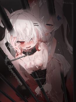 Rule 34 | 2girls, absurdres, animal ear fluff, animal ears, ball and chain restraint, bdsm, blush, bondage, bound, bound arms, bound wrists, breasts, bukkake, censored with cum, chain, chained, clothed female nude female, collar, collared dress, commentary request, cum, cum in mouth, cum on body, cum on breasts, cum on hair, cum on legs, cum on stomach, cum on upper body, cum string, cumdrip, doggystyle, dress, eyes visible through hair, facial, femdom, grabbing another's breast, grabbing from behind, gradient hair, groping, hair ornament, hair over one eye, hairclip, half-closed eyes, hand on another's face, highres, iron bars, leash, long hair, motion lines, multicolored hair, multiple girls, nipples, nude, one eye covered, open mouth, original, parallel hairclips, partial commentary, prison, red eyes, restrained, sex, sex from behind, shinkaiobake, slave, sleeveless, sleeveless dress, small breasts, standing, standing sex, twintails, white dress, white hair