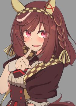 1girl animal_ears blush braid breasts brown_hair buena_vista_(umamusume) commentary_request grey_background hair_between_eyes hair_ornament hairband highres horse_ears horse_girl long_hair looking_at_viewer medium_breasts mountain_yasan necktie open_mouth purple_eyes simple_background solo umamusume